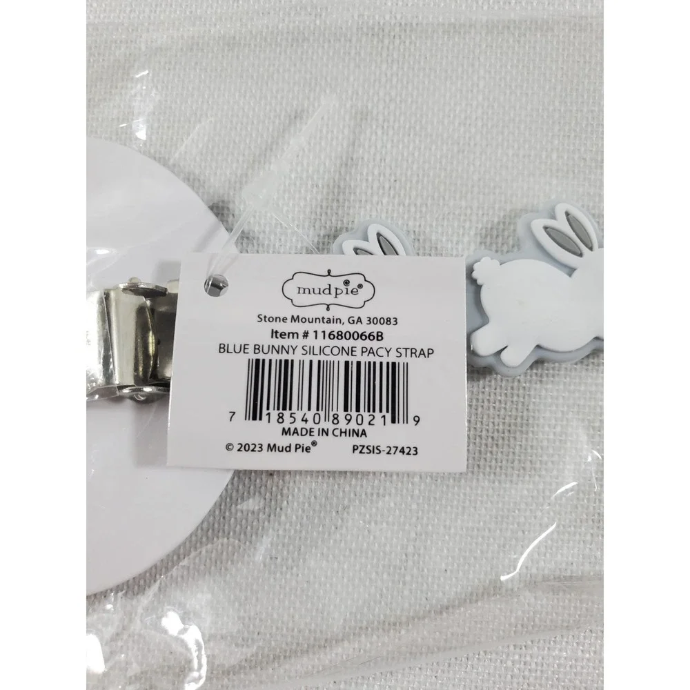 Mud Pie Bunny Silicone Pacifier Strap Clip Gray BPA Free Baby Paci Holder NEW